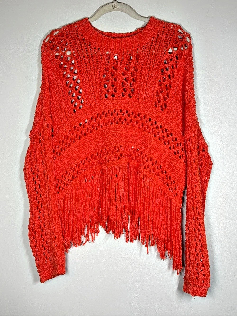 Free People Orange Fringe Crochet Sweater Size Medium